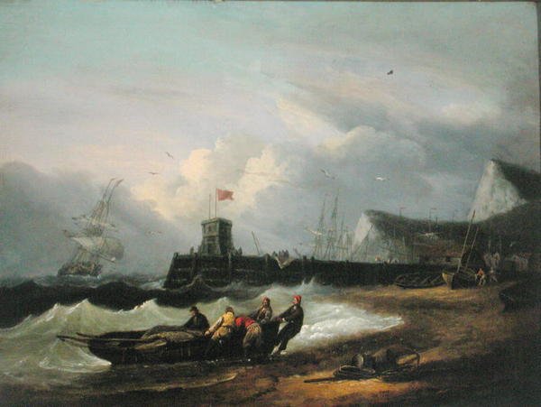 Ciągnięcie łodzi na brzeg przy porcie Dover autorstwa Thomas Luny