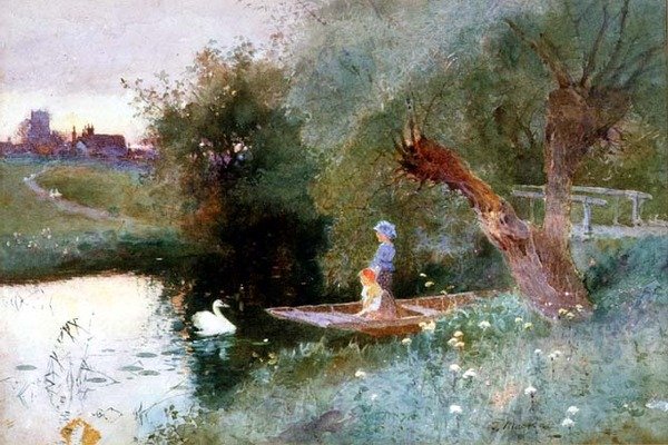 Dzieci w łódce wieczorem (akwarela) autorstwa Thomas Mackay
