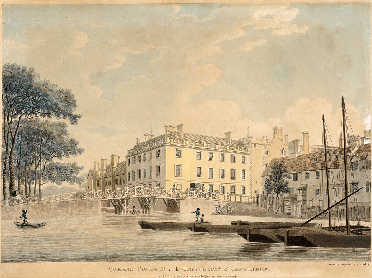 Queens College na Uniwersytecie Cambridge, pub 1800 (ręcznie kolorowana akwatinta) autorstwa Thomas Malton