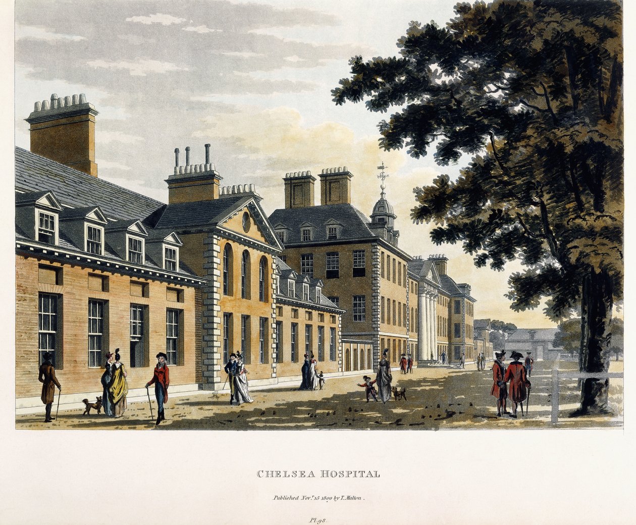 Chelsea Hospital, z „Malowniczej wycieczki przez miasta Londynu i Westminster Illustrated”, 1792-1801 autorstwa Thomas Malton Jnr.