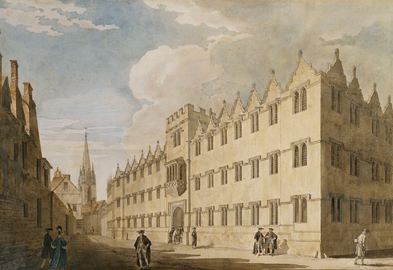 Oriel College w Oksfordzie z kościołem św. Marii w oddali, autorstwa Thomas Malton Jnr.