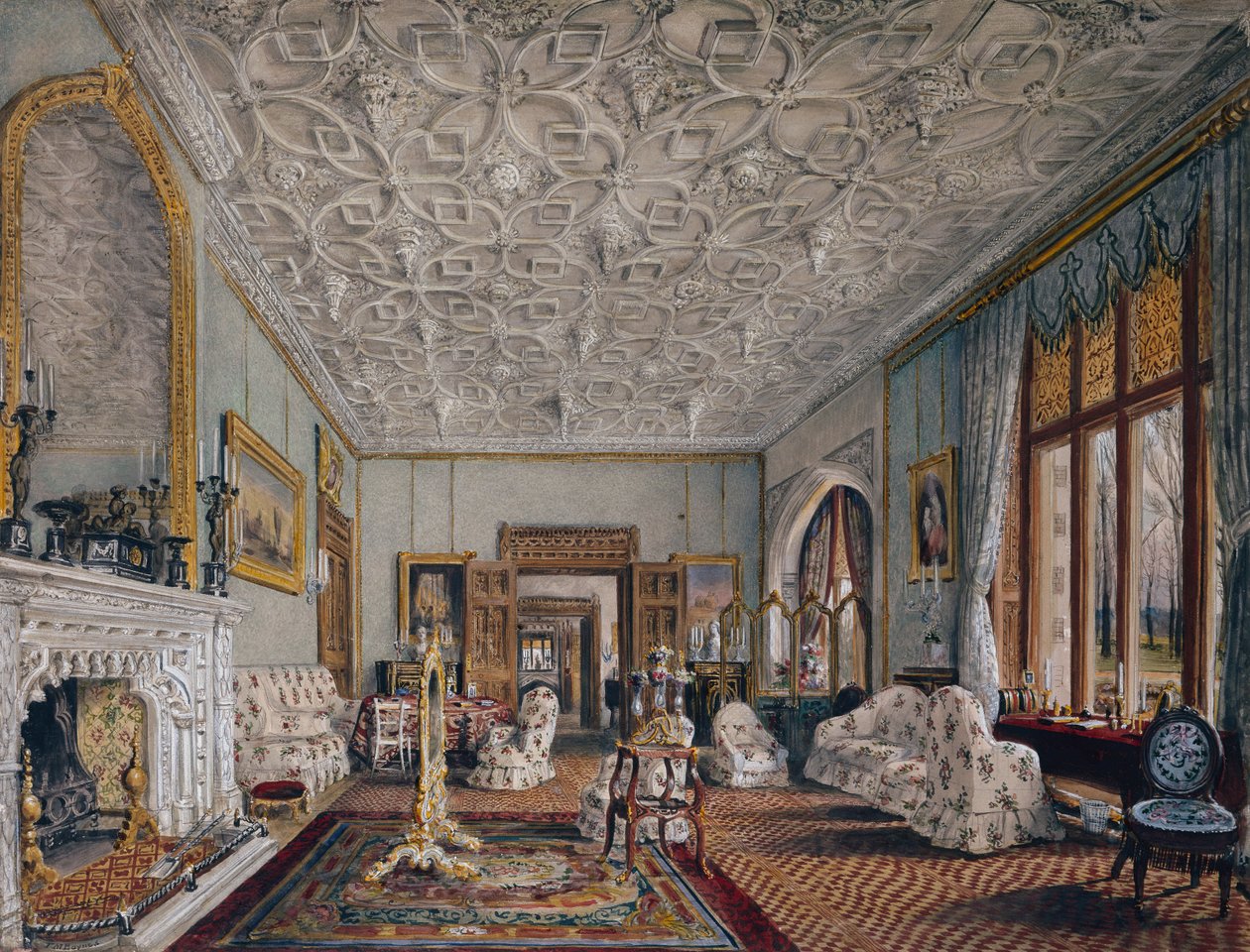 Salonik w stylu gotyckim, ok. 1850 (akwarela) autorstwa Thomas Mann Baynes