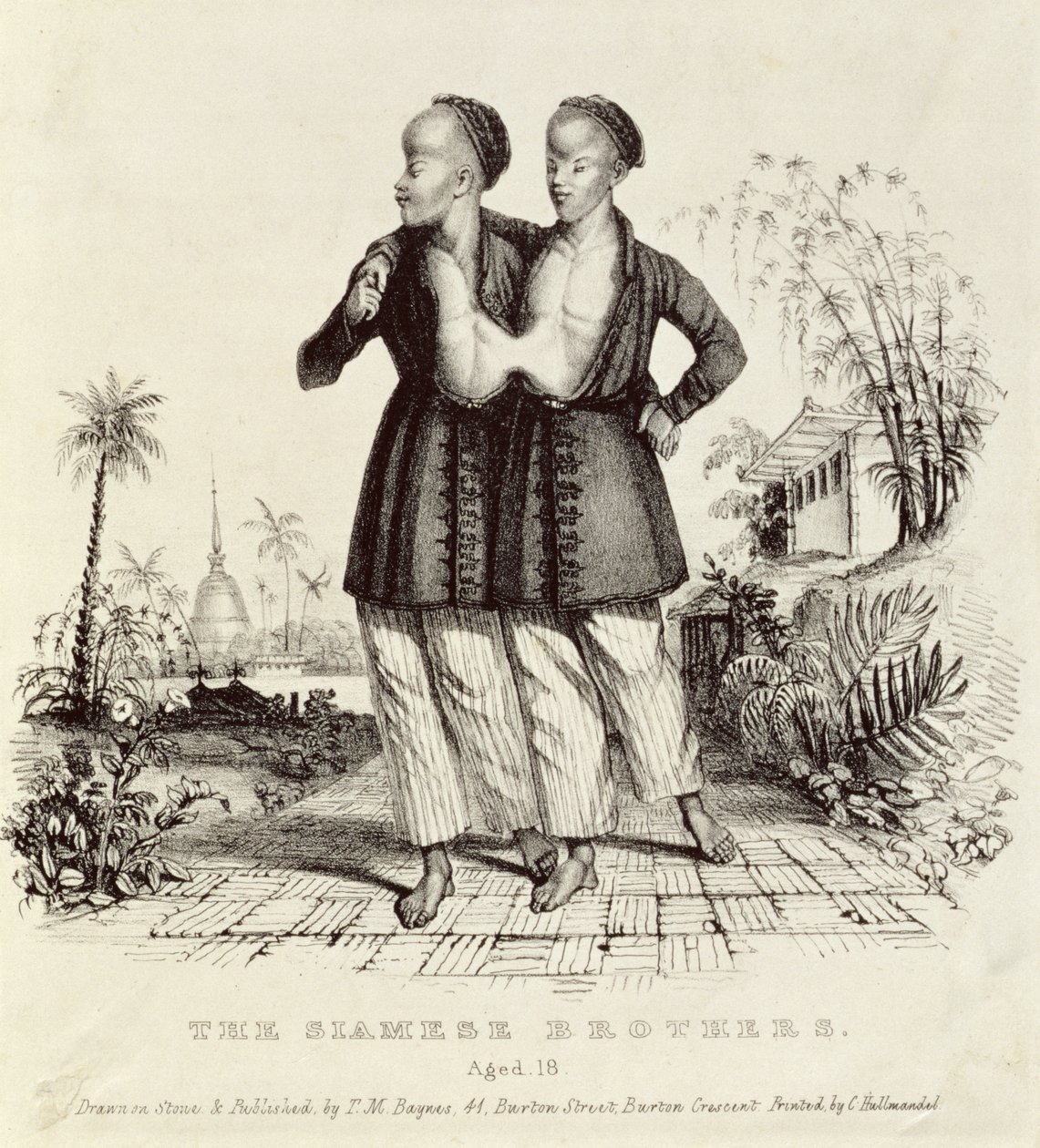 Bracia syjamscy w wieku 18 lat, wydrukowany przez Charlesa Hullmandela (1789-1850), ok. 1829 r. autorstwa Thomas Mann Baynes