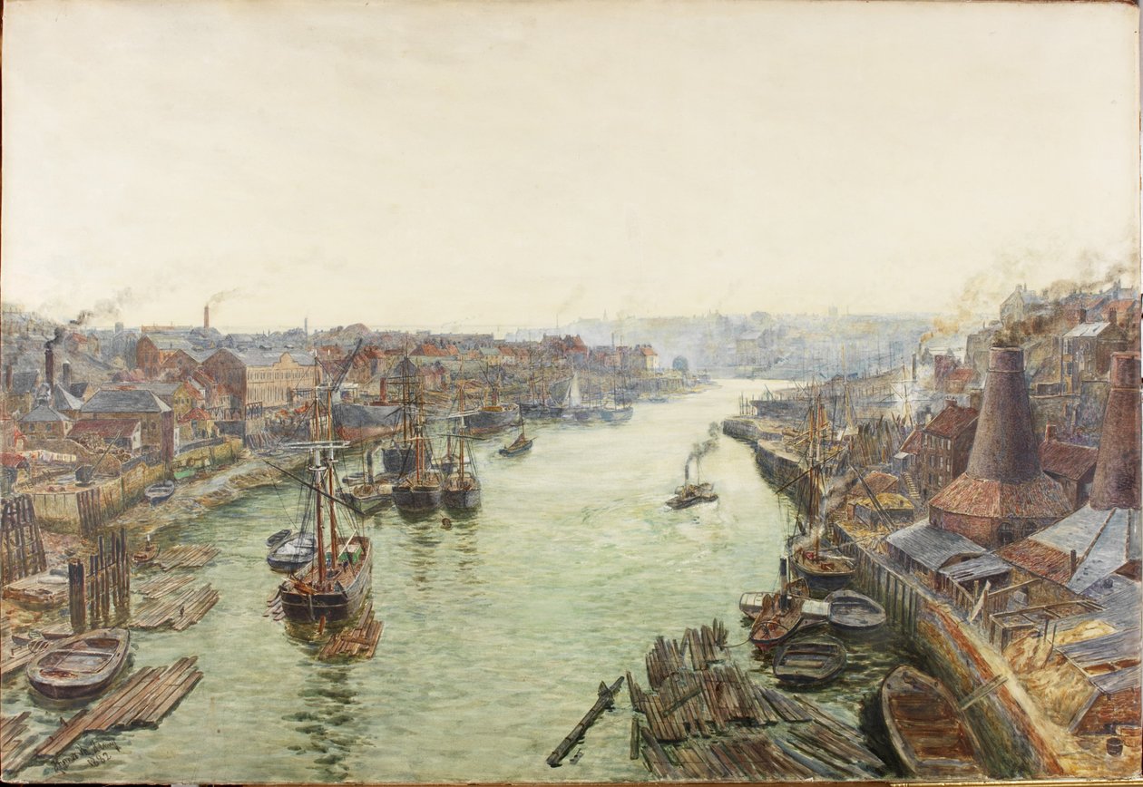 Sunderland, Holmes Wharf (akwarela (wzmocniona bielą) i wydrapywanie na papierze) autorstwa Thomas Marie Madawaska Hemy