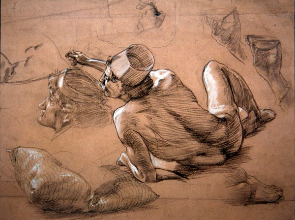 Leżący akt męski, ok. 1880 (ołówek, czarna kreda i białe ciało na papierze) autorstwa Thomas Matthews Rooke