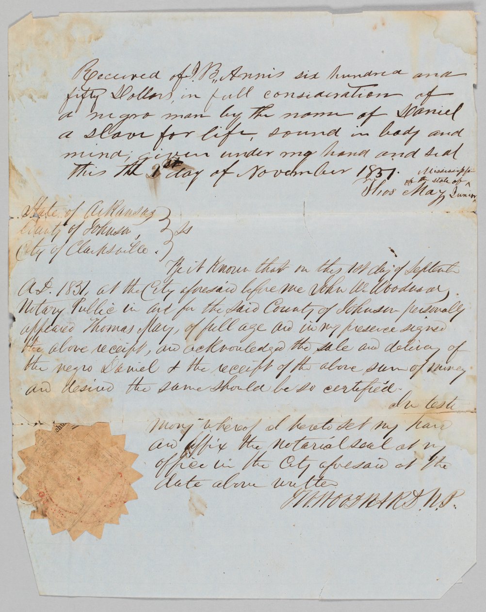 Rachunek sprzedaży mężczyzny o imieniu Daniel na Jerome B. Annis, 1 listopada 1851. autorstwa Thomas May