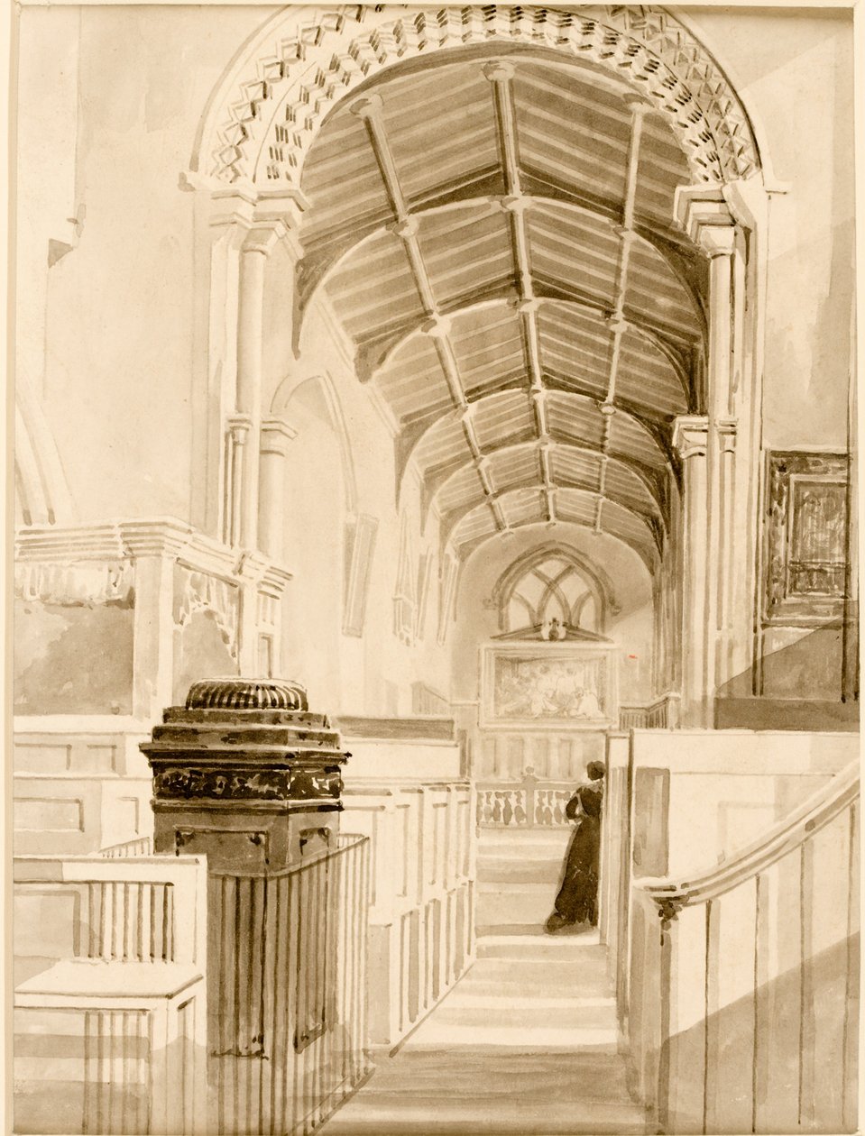 Kościół św Andrzeja (wnętrze) (tusz (czarny) na papierze (na kartonie)) autorstwa Thomas Miles Richardson