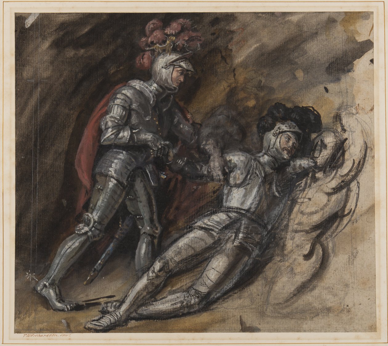 Upadły Rycerz (ołówek, toaleta i gwasz na papierze) autorstwa Thomas Miles Richardson
