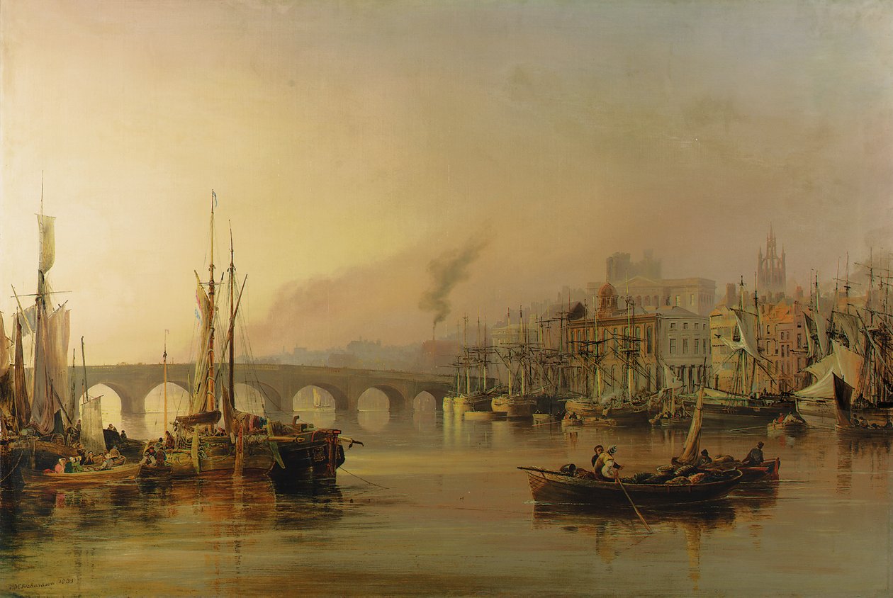 Widok Newcastle z rzeki Tyne, z żeglugą na pierwszym planie, 1831 autorstwa Thomas Miles Richardson