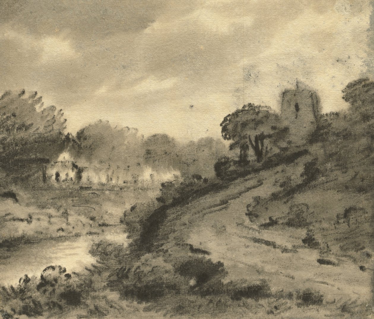 Zalesiony krajobraz rzeczny ze skałą na lewym pierwszym planie, ok. 1800 autorstwa Thomas Monro