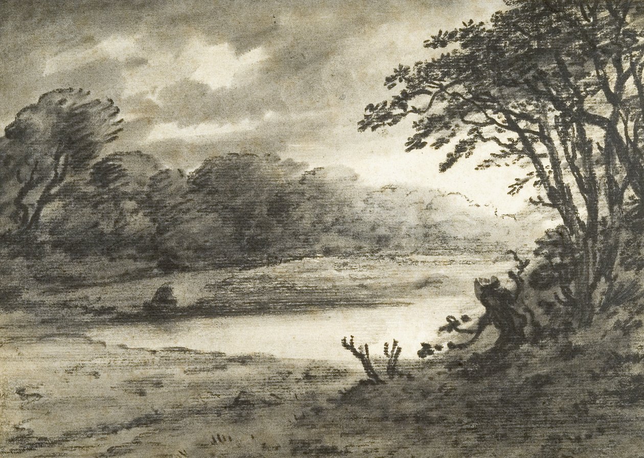 Scena nad jeziorem (węgiel i pył na papierze) autorstwa Thomas Monro