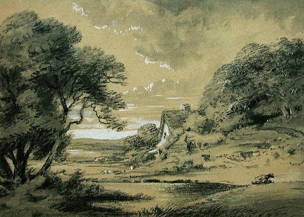 Pejzaż z domkiem nad rzeką (węgiel, wash & bodycolor na papierze) autorstwa Thomas Monro
