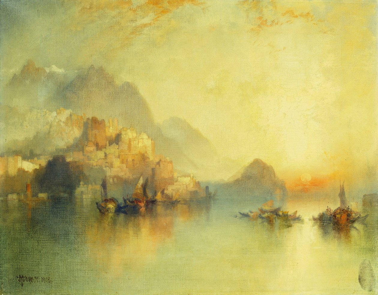 Wioska na zboczu wzgórza o zachodzie słońca, 1918 autorstwa Thomas Moran