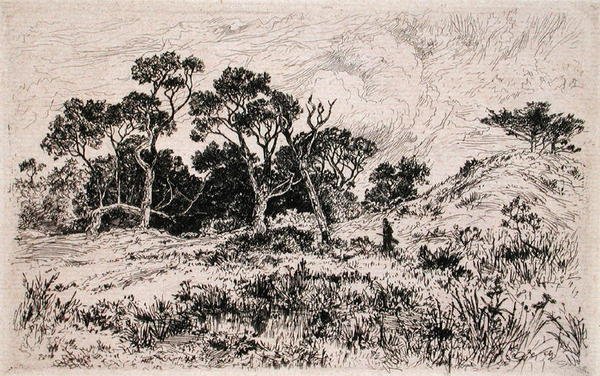 Południowy wiatr i bezchmurne niebo zapowiadają myśliwski poranek (akwaforta) autorstwa Thomas Moran