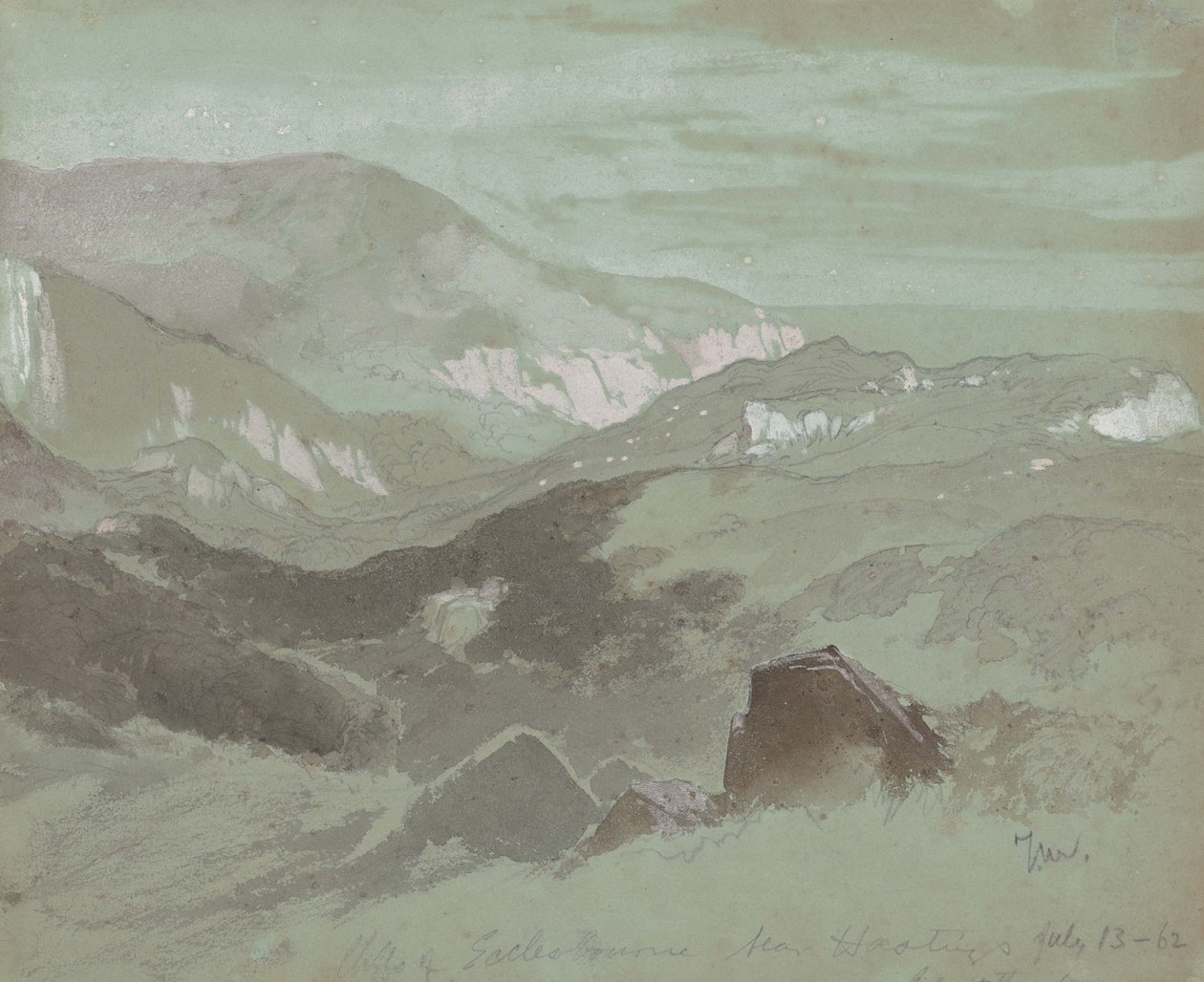 Cliffs of Ecclesbourne niedaleko Hastings, 1862 (grafit z lawowaniem na szarym papierze tkanym) autorstwa Thomas Moran