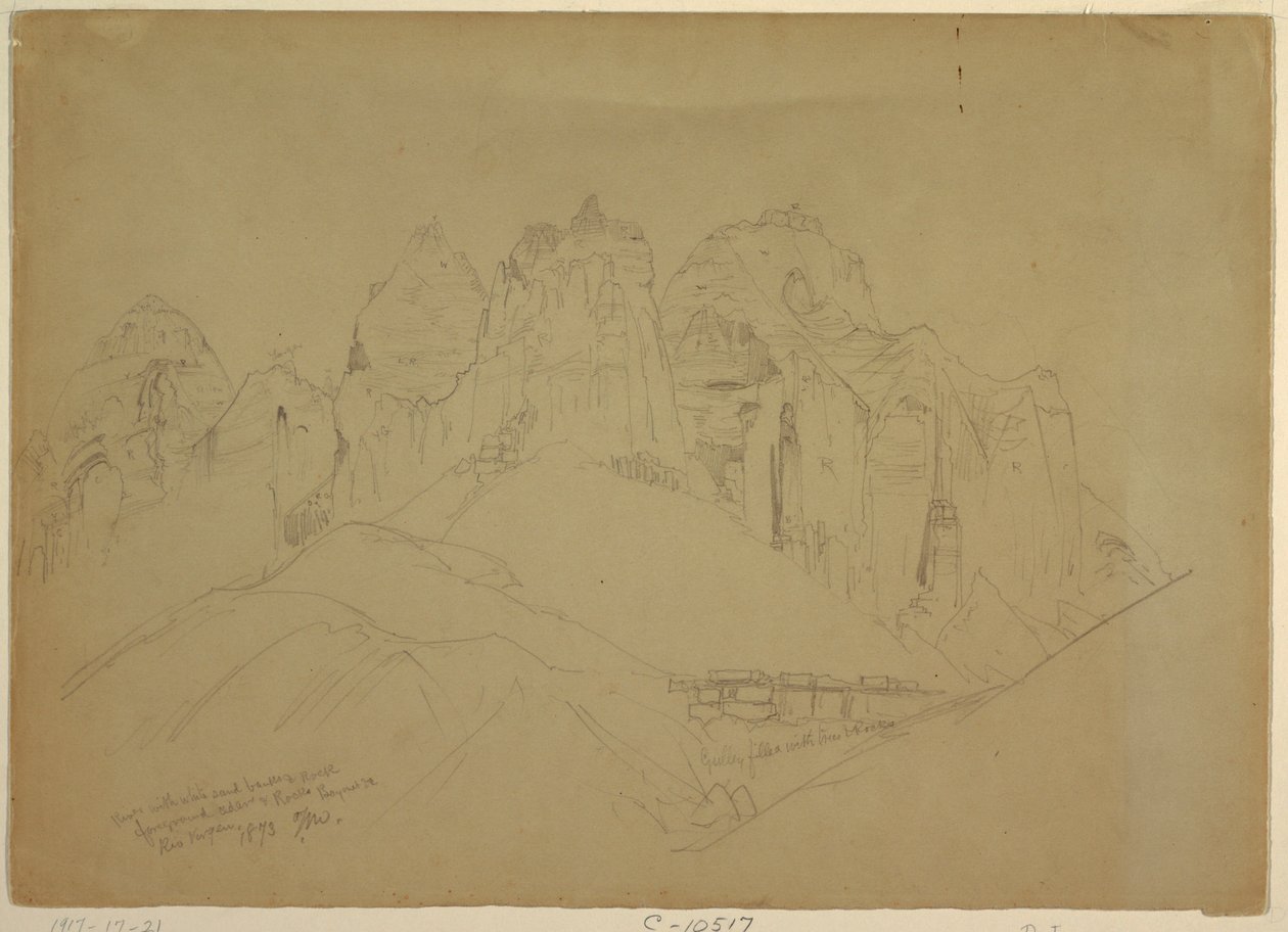 Rysunek przedstawiający rzekę Rio Virgin z dużymi formacjami skalnymi, 1873 r. autorstwa Thomas Moran