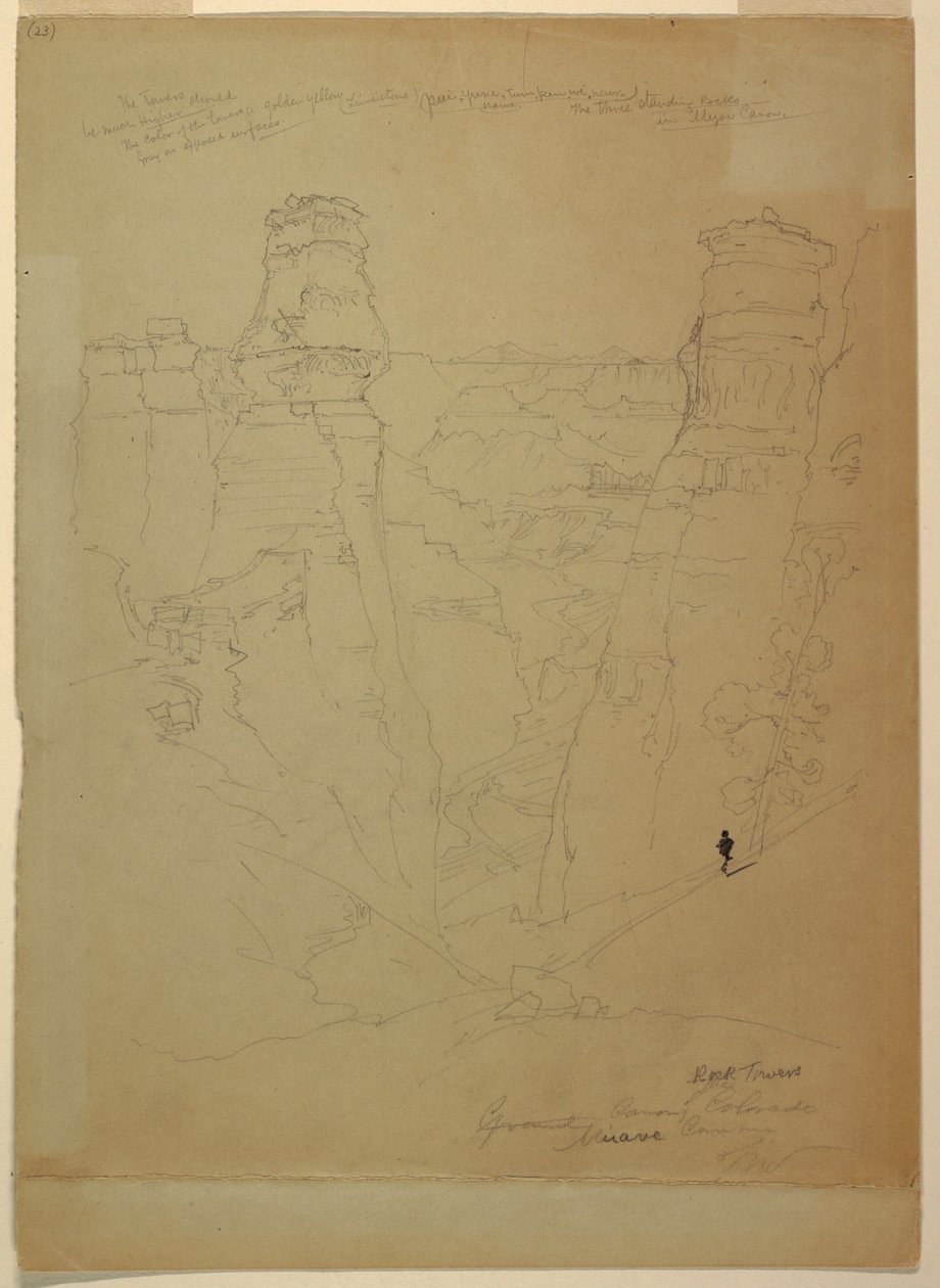 Rysunek, Skalne wieże w kanionie Muave [Muav], Kolorado, 1873 r. autorstwa Thomas Moran