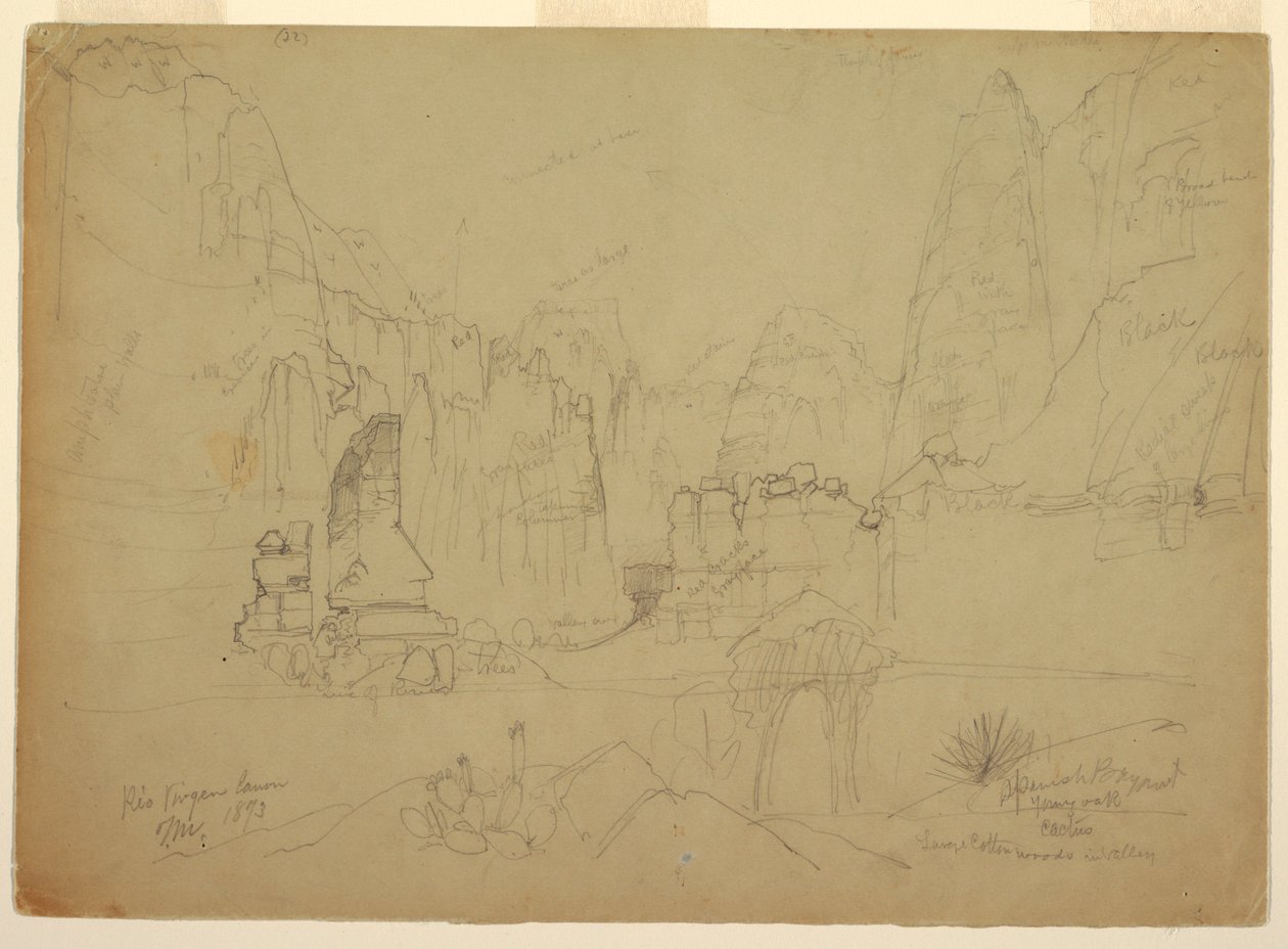 Rysunek, Kanion Rio Virgin, południowe Utah, 1873 r. autorstwa Thomas Moran