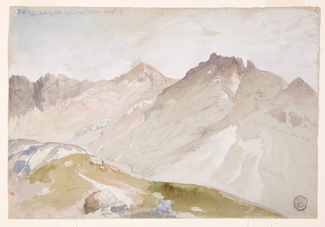 Rysunek, Górny koniec Little Cottonwood Canyon, Wasatch Range, niedaleko Ogden, Utah, 13 sierpnia 1879 r. autorstwa Thomas Moran