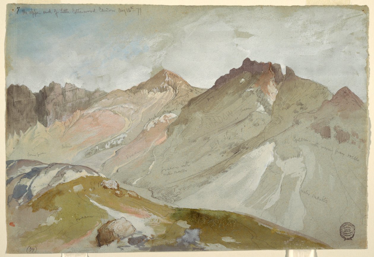 Rysunek, Górny koniec Little Cottonwood Canyon, Wasatch Range, niedaleko Ogden, Utah, 13 sierpnia 1879 r. autorstwa Thomas Moran