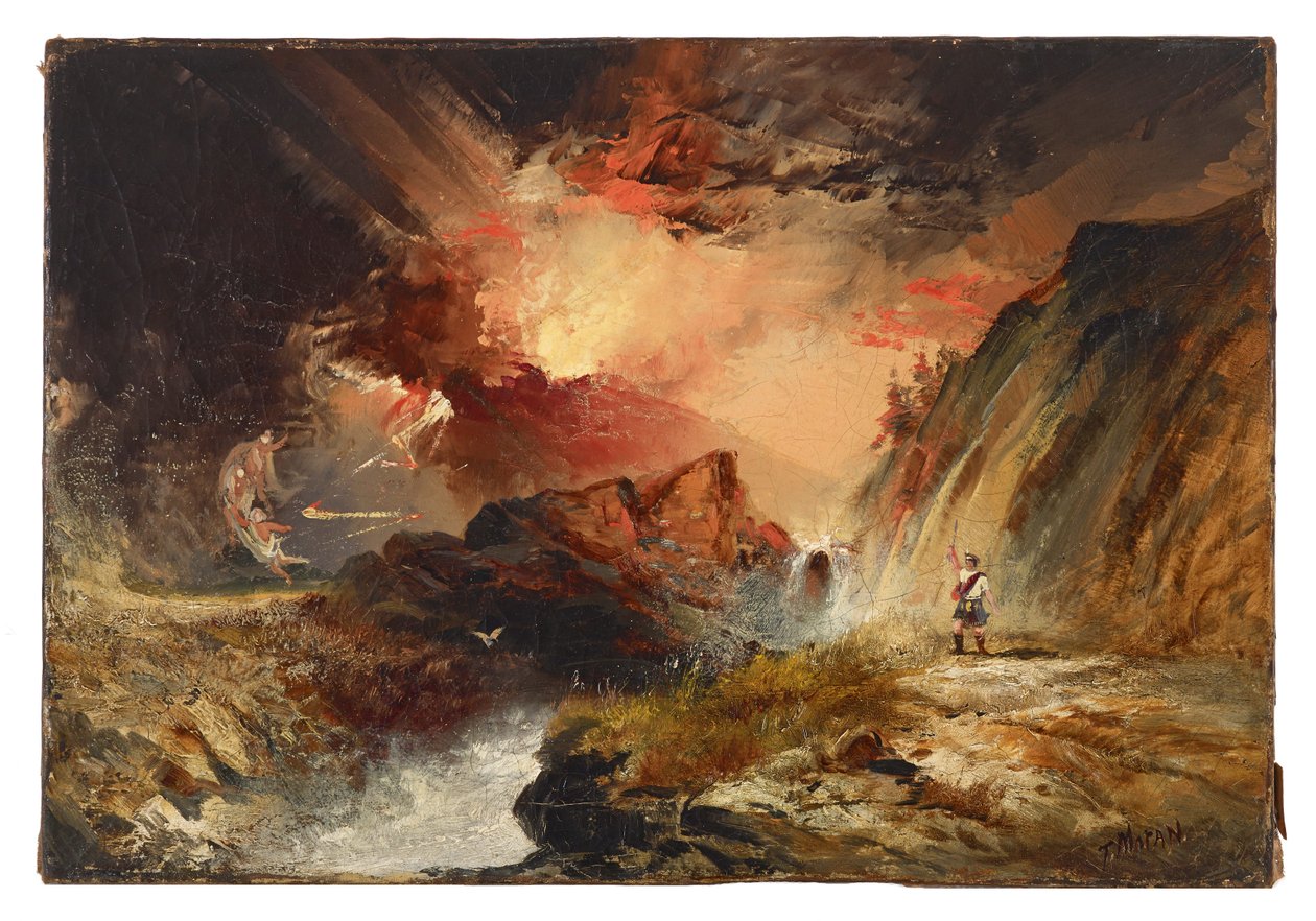 Makbet i czarownice (prawdopodobnie Fantazja szkocka) autorstwa Thomas Moran