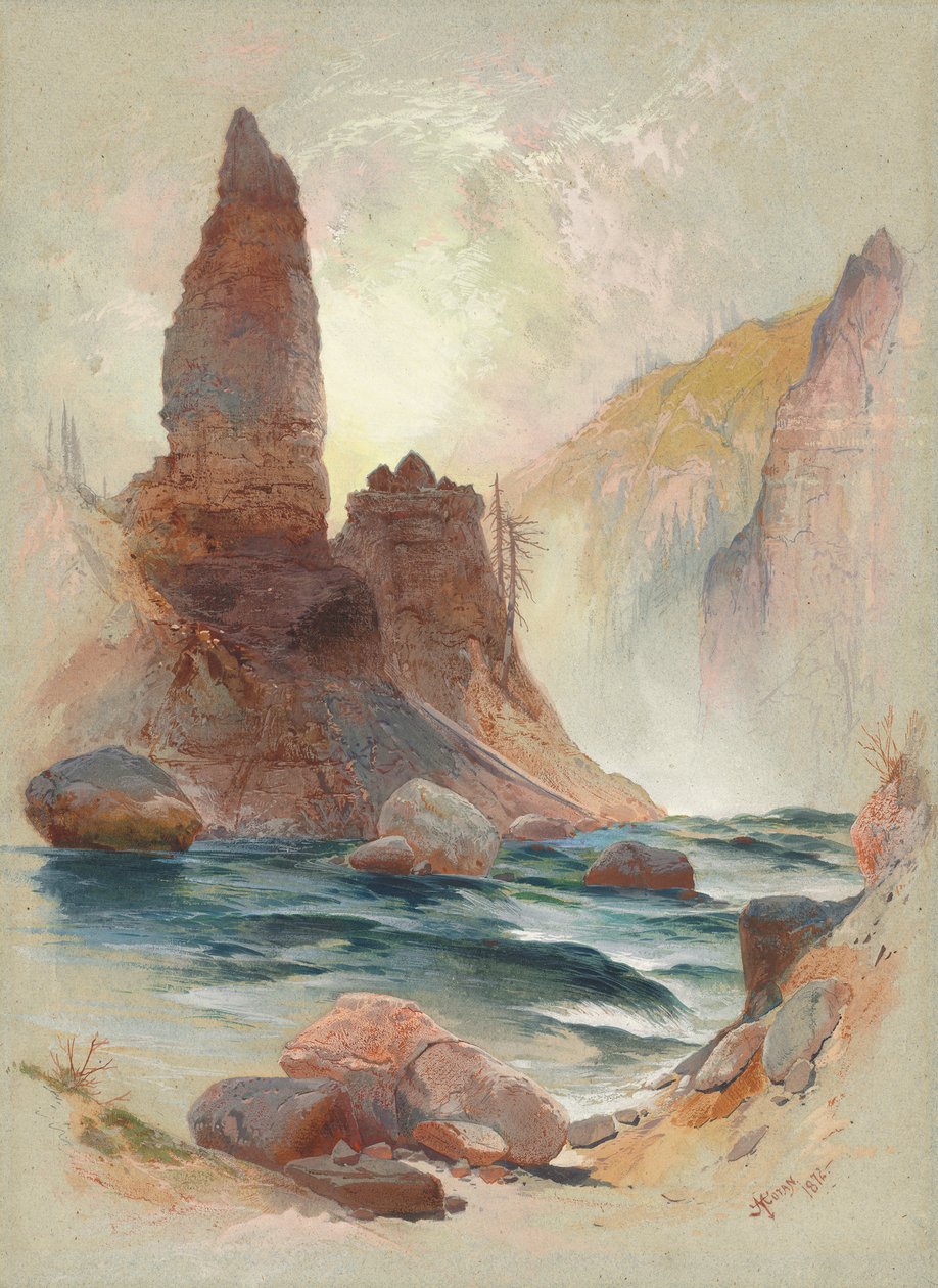 Wieża w Tower Falls, Yellowstone, 1872 (akwarela i gwasz na graficie) autorstwa Thomas Moran