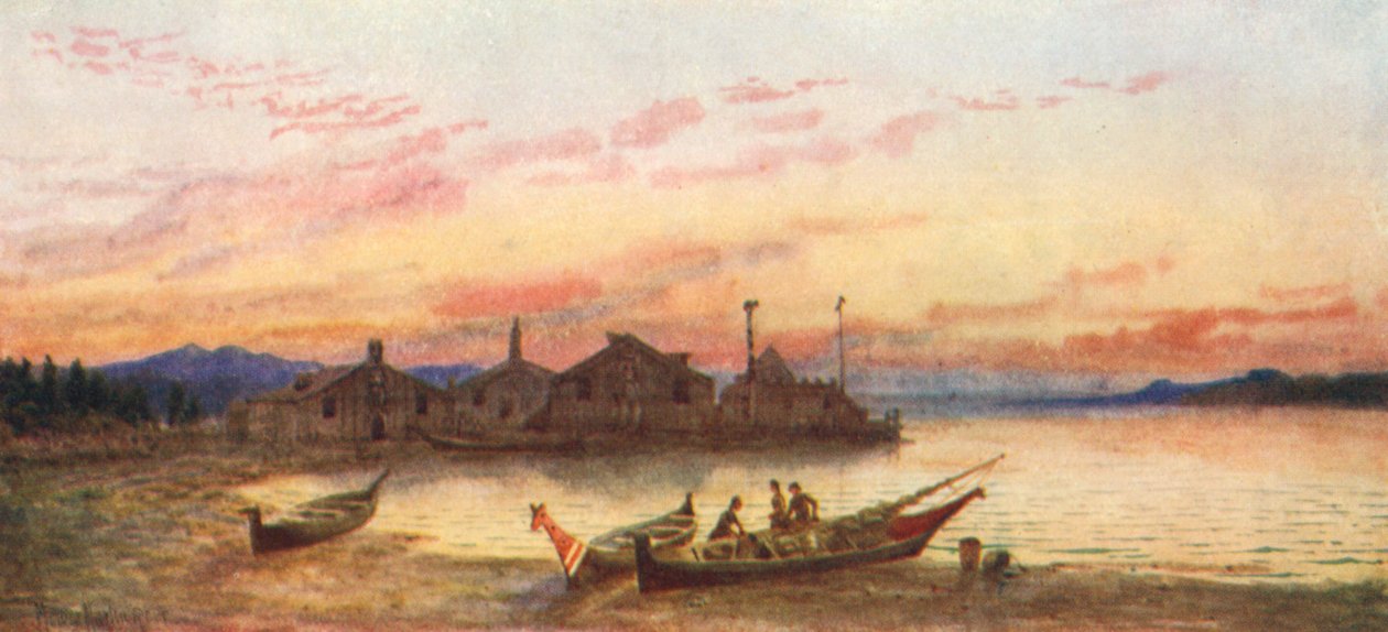 Siwash Village, wybrzeże Pacyfiku (kolorowa litografia) autorstwa Thomas Mower Martin