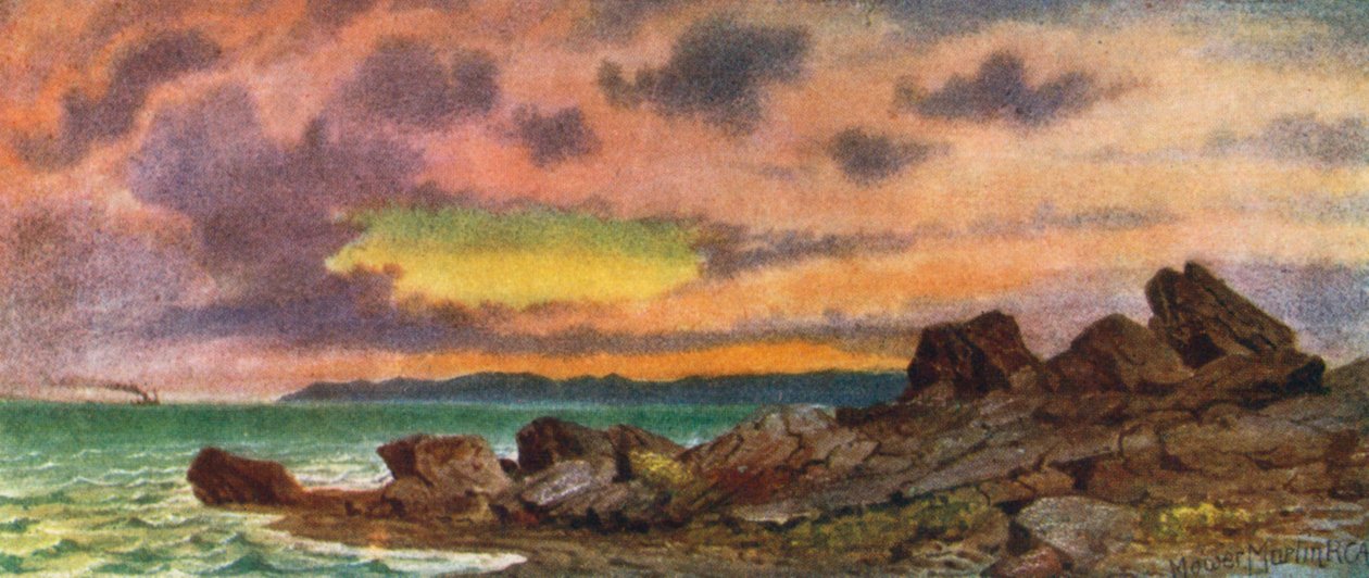 Burzowy zachód słońca, wybrzeże w pobliżu St John, Nowy Brunszwik (kolorowa litografia) autorstwa Thomas Mower Martin