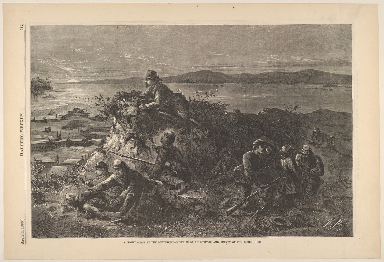 Nocny zwiadowca na południowym zachodzie – niespodzianka posterunku i badanie rebeliantów…, 4 kwietnia 1863 r. autorstwa Thomas Nast