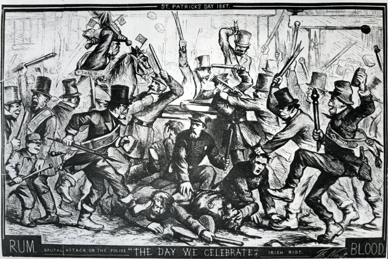 Karykatura przedstawiająca zamieszki w Nowym Jorku w dniu św. Patryka 1867, opublikowana w Harper