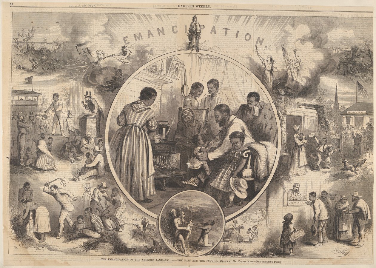 Emancypacja Czarnych - przeszłość i przyszłość z Harpers Weekly, 24 stycznia 1863. autorstwa Thomas Nast