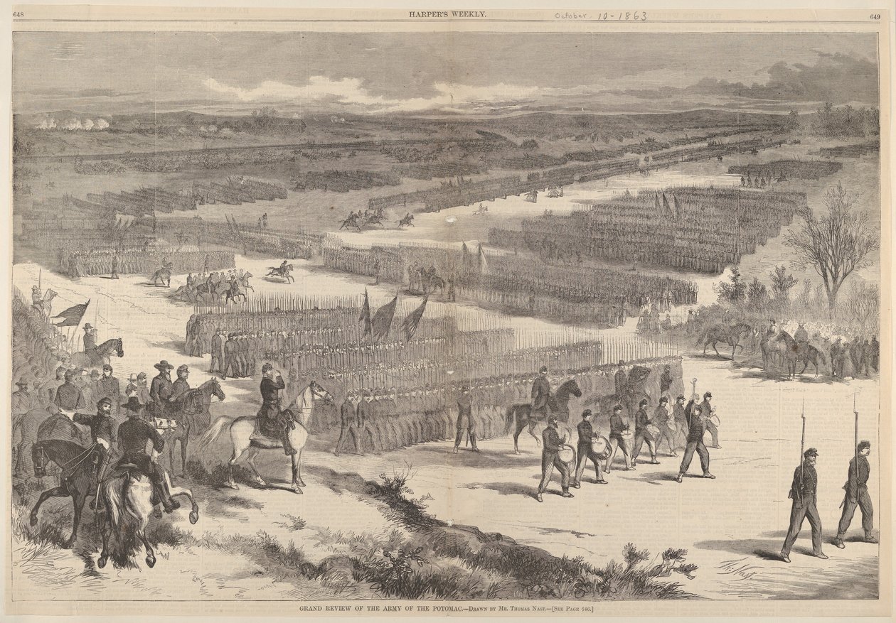 Wielki Przegląd Armii Potomaku – napisany przez Thomasa Nasta z Harpe..., 10 października 1863. autorstwa Thomas Nast