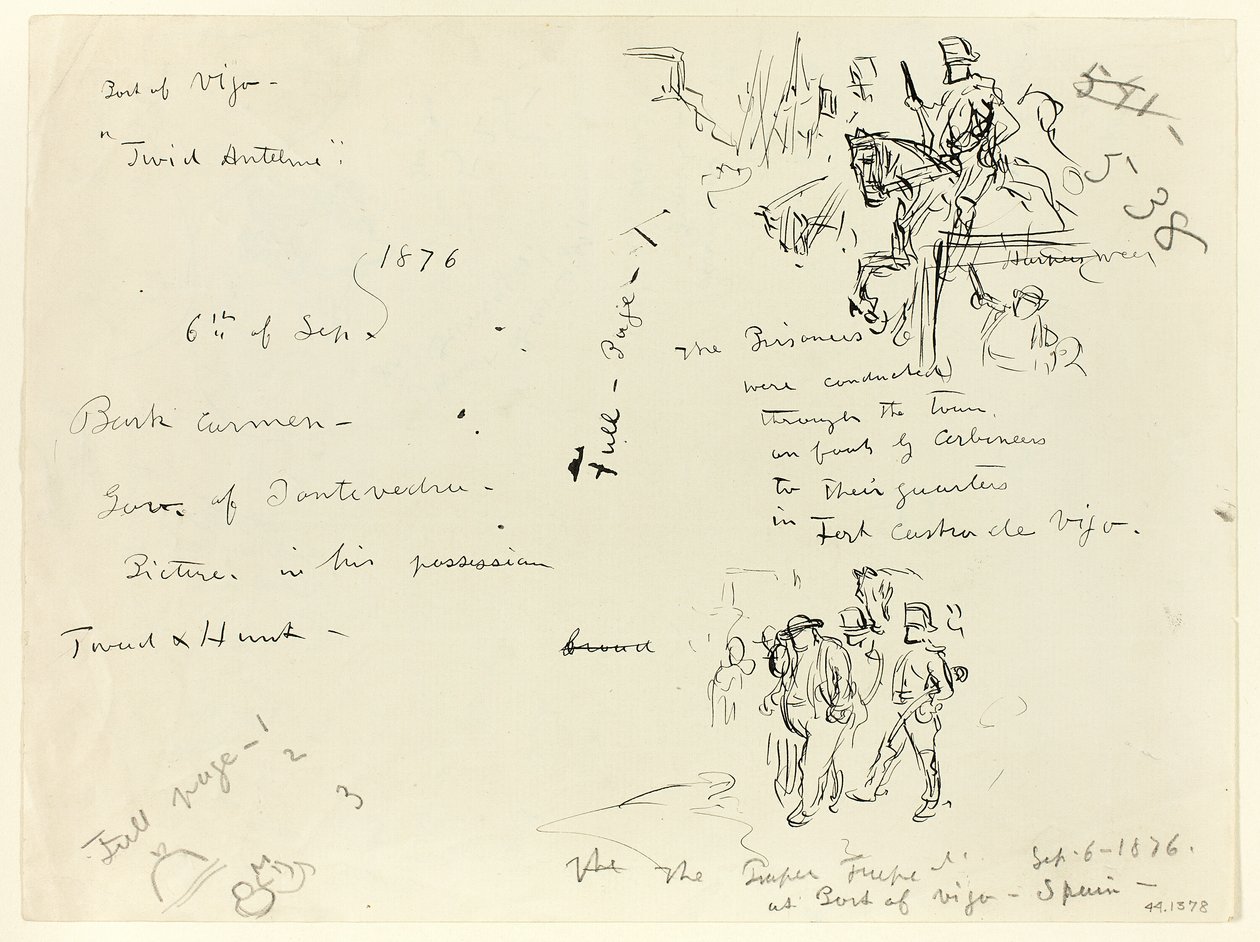 Arkusz szkiców: Żołnierz na koniu i żołnierz z szablą potępiający jeńca (recto); Arkusz szkiców (verso) autorstwa Thomas Nast