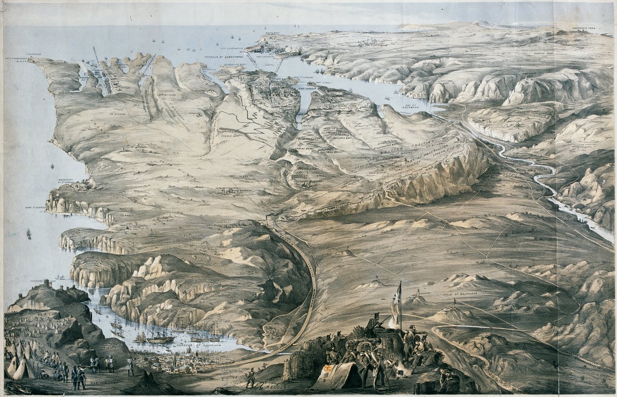 Panoramiczny widok okopów armii sprzymierzonych Anglii i Francji przed Sewastopolu (litografia, przyciemniana) autorstwa Thomas Packer
