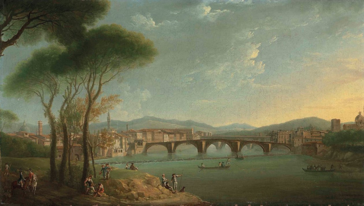 Widok na Arno we Florencji z Ogrodów Cascine, z postaciami łowiącymi ryby i spoczywającymi na skałach na pierwszym planie, Ponte alla Carità i Ponte Vecchio za nimi autorstwa Thomas Patch
