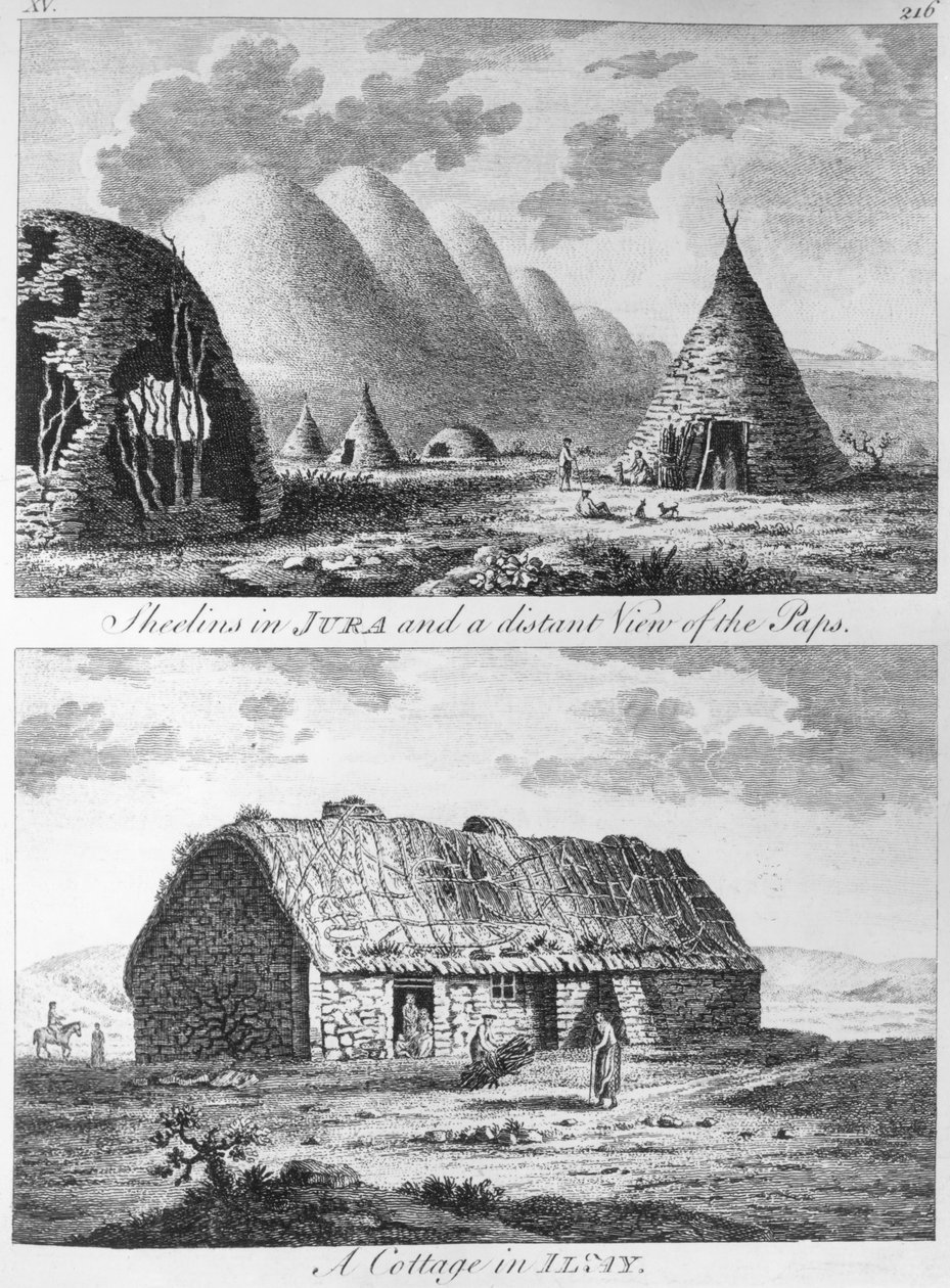 Sheeliny w Jurze i daleki widok na Paps i A Cottage of Islay, z „Wycieczki po Szkocji i rejsu na Hebrydy” 1772 autorstwa Thomas Pennant