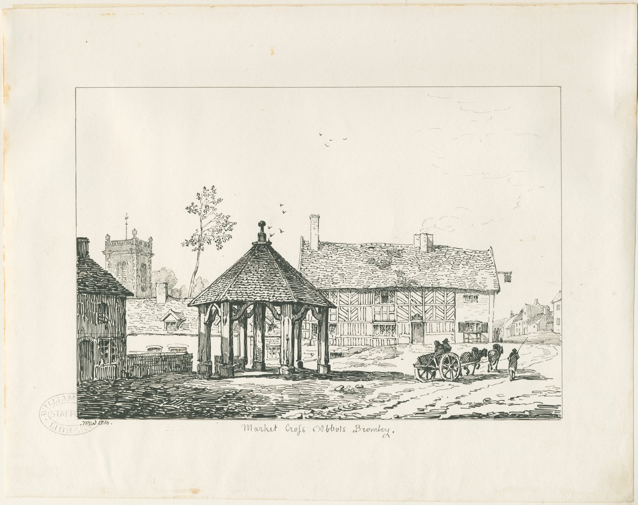 Abbots Bromley - Tudor Market Cross and House: rysunek piórem i tuszem autorstwa Thomas Peploe Wood