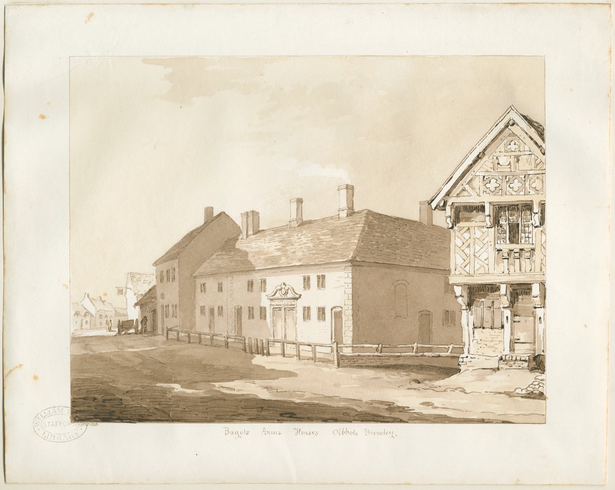 Abbots Bromley Almshouses: rysunek w sepii autorstwa Thomas Peploe Wood