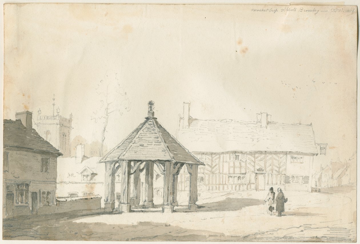 Abbots Bromley Tudor - Market Cross and House: rysunek ołówkiem i wash autorstwa Thomas Peploe Wood