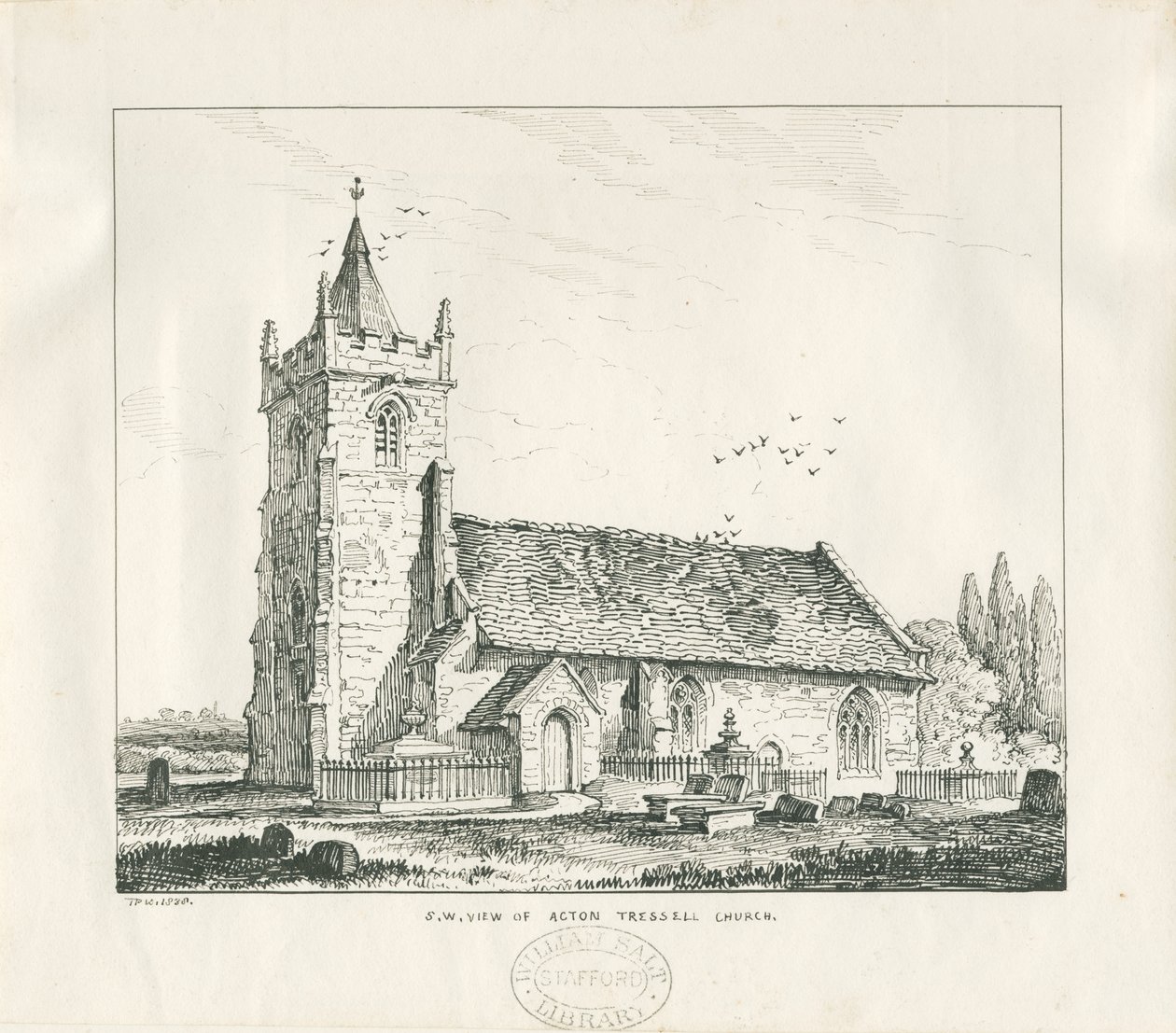 Kościół Acton Trussell : rysunek piórem i tuszem, 1838 autorstwa Thomas Peploe Wood