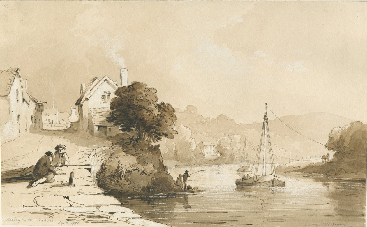 Arley - River Severn: rysunek w sepii, 8 września 1837 autorstwa Thomas Peploe Wood