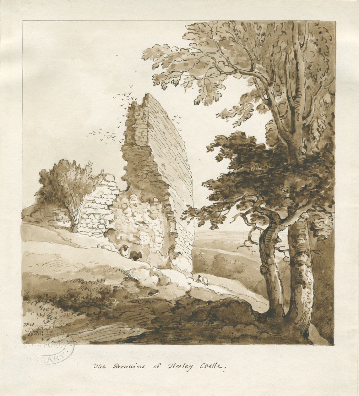 Audley - Zamek Heeley: rysunek w sepii autorstwa Thomas Peploe Wood