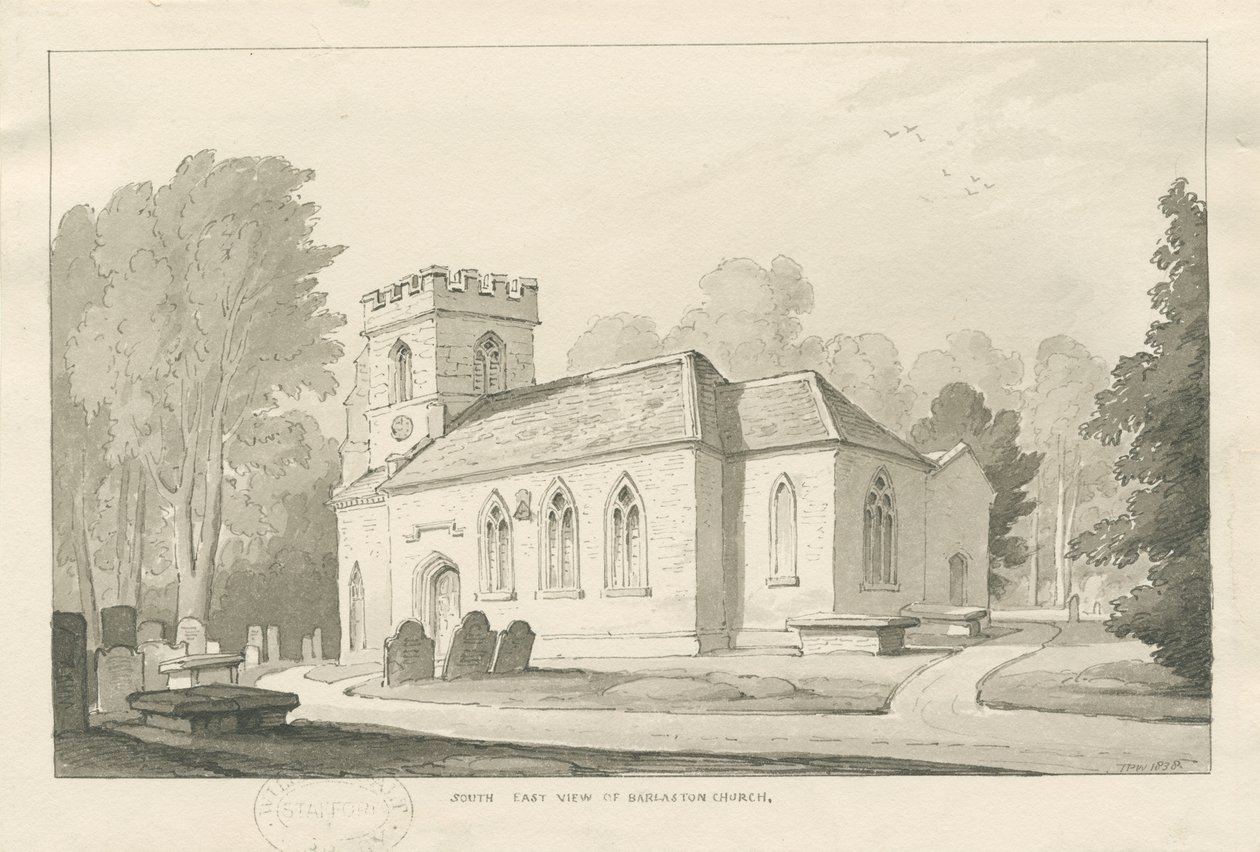 Kościół Barlaston: rysunek piórkiem i praniem, 1838 autorstwa Thomas Peploe Wood