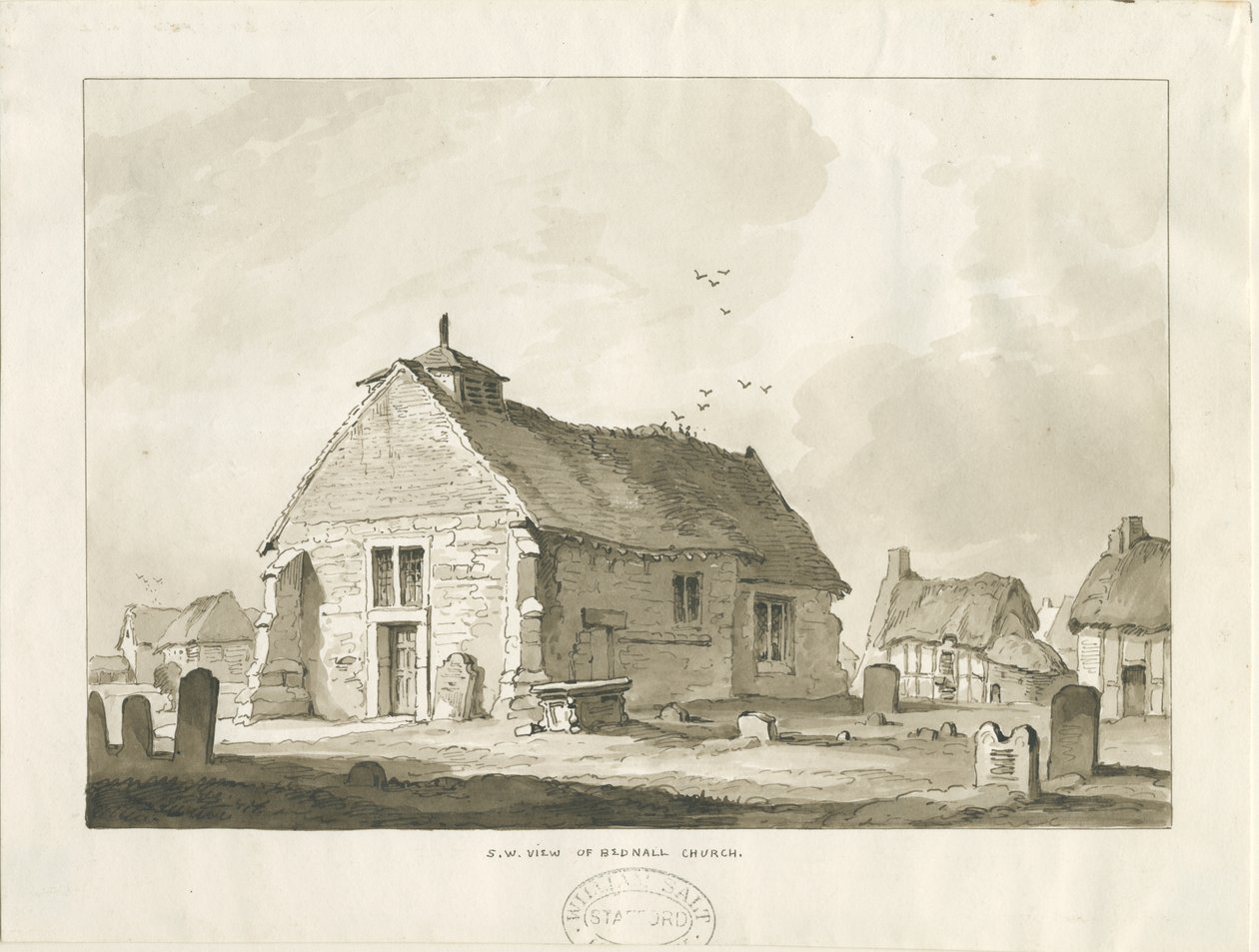 Bednall Church: rysunek w sepii, nd [?1838] autorstwa Thomas Peploe Wood