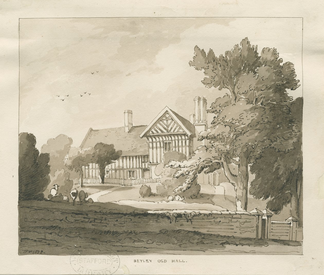 Betley Old Hall: rysunek w sepii, 1838 autorstwa Thomas Peploe Wood