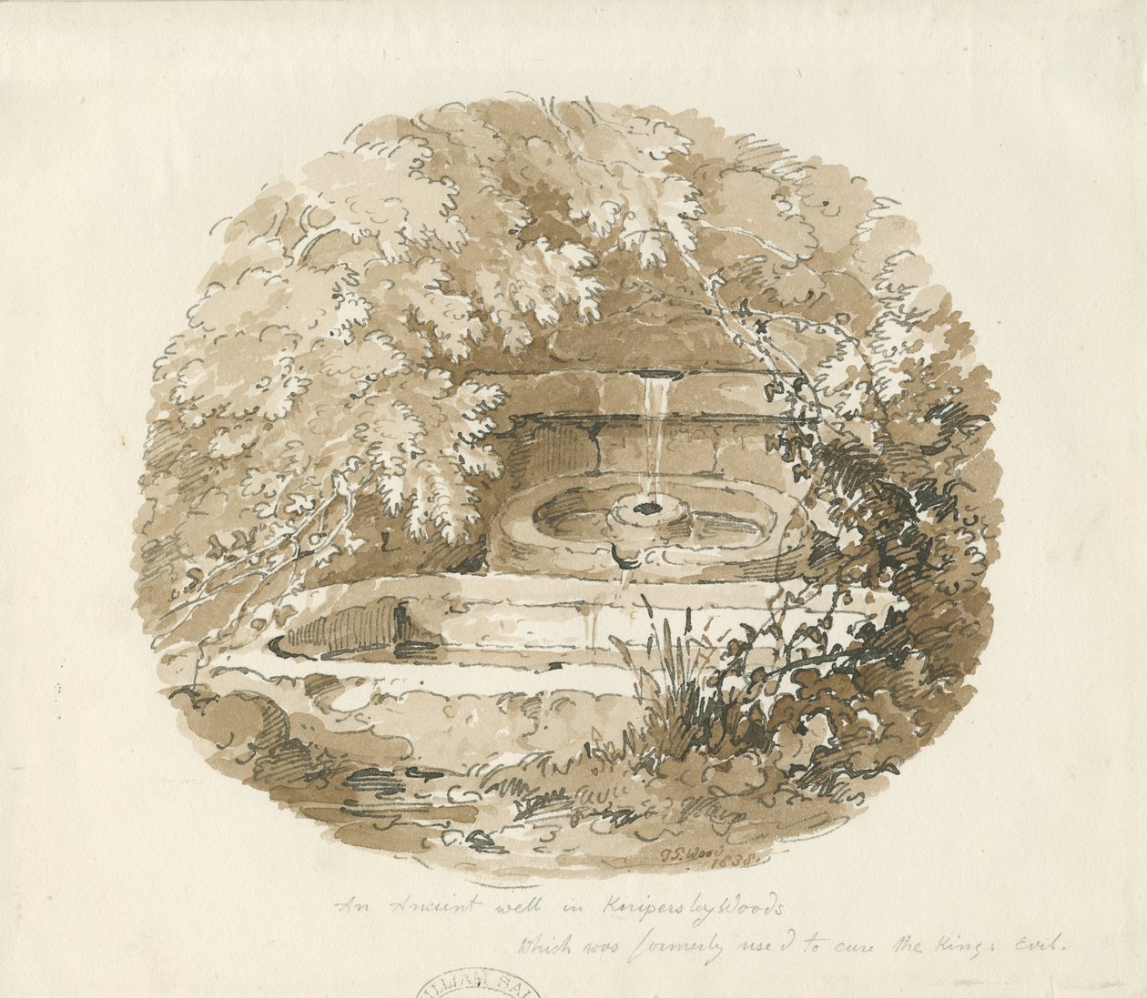 Biddulph - Starożytna studnia w Knypersley Woods: rysunek w sepii autorstwa Thomas Peploe Wood
