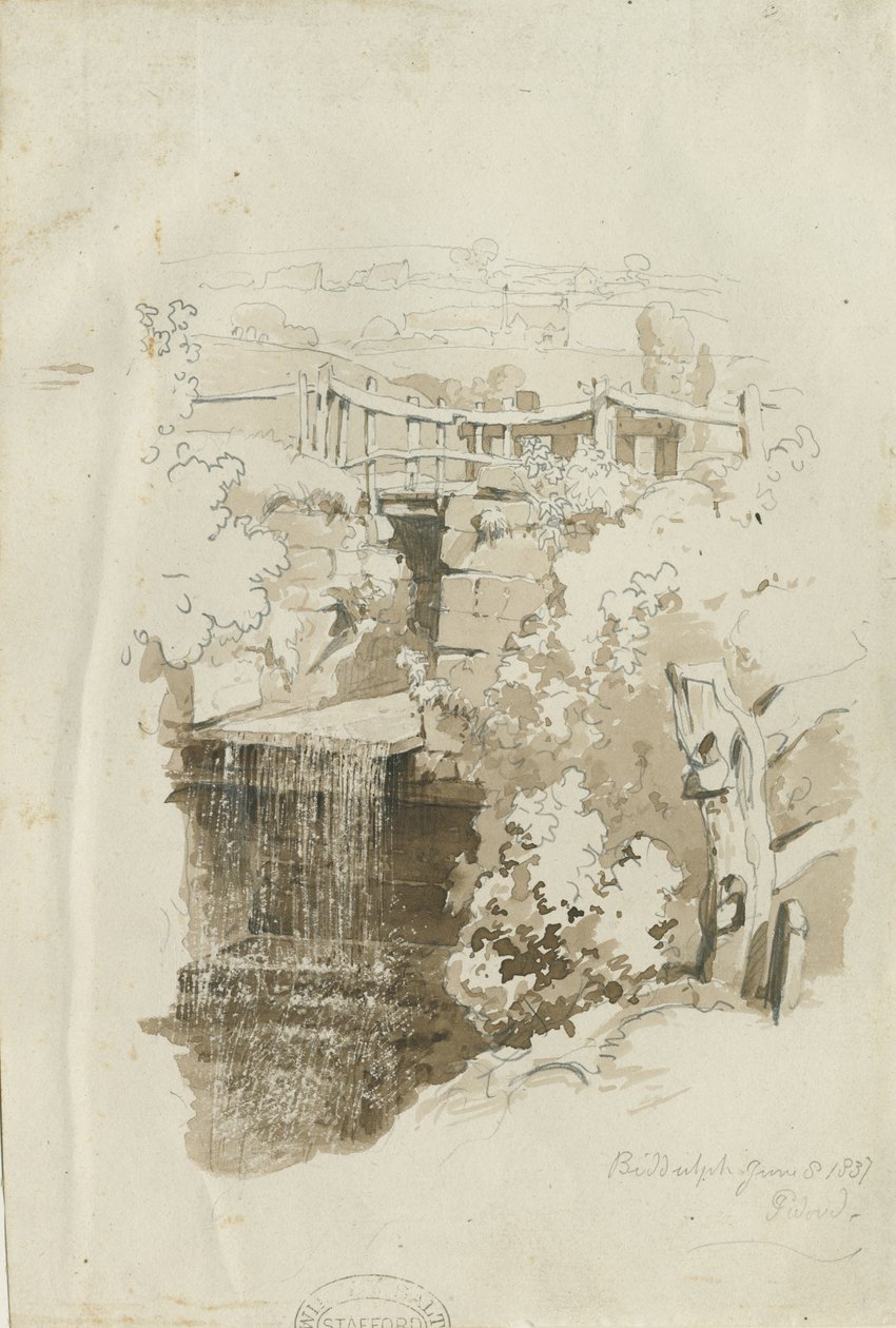 Biddulph - widok wiejski: rysunek ołówkiem i wash, 8 VI 1837 (rysunek) autorstwa Thomas Peploe Wood