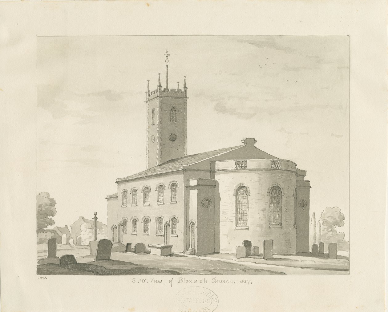 Kościół Bloxwich: rysunek w sepii, 1837 autorstwa Thomas Peploe Wood