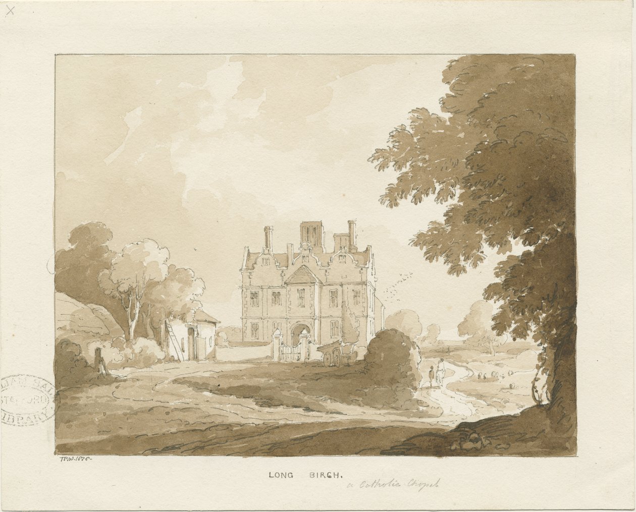 Brewood - Long Birch Hall: rysunek w sepii, 1838 autorstwa Thomas Peploe Wood