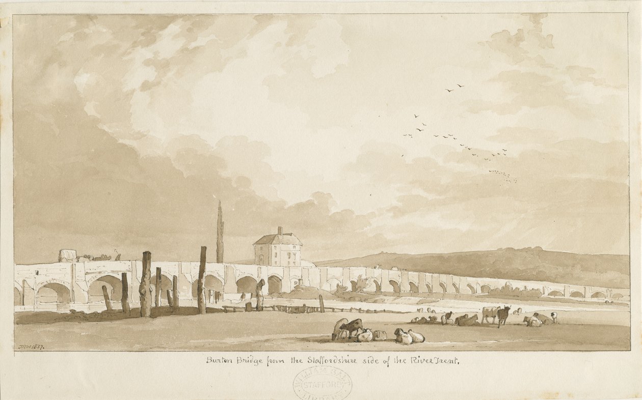 Burton-upon-Trent Bridge and Town: rysunek w sepii, 1837 autorstwa Thomas Peploe Wood